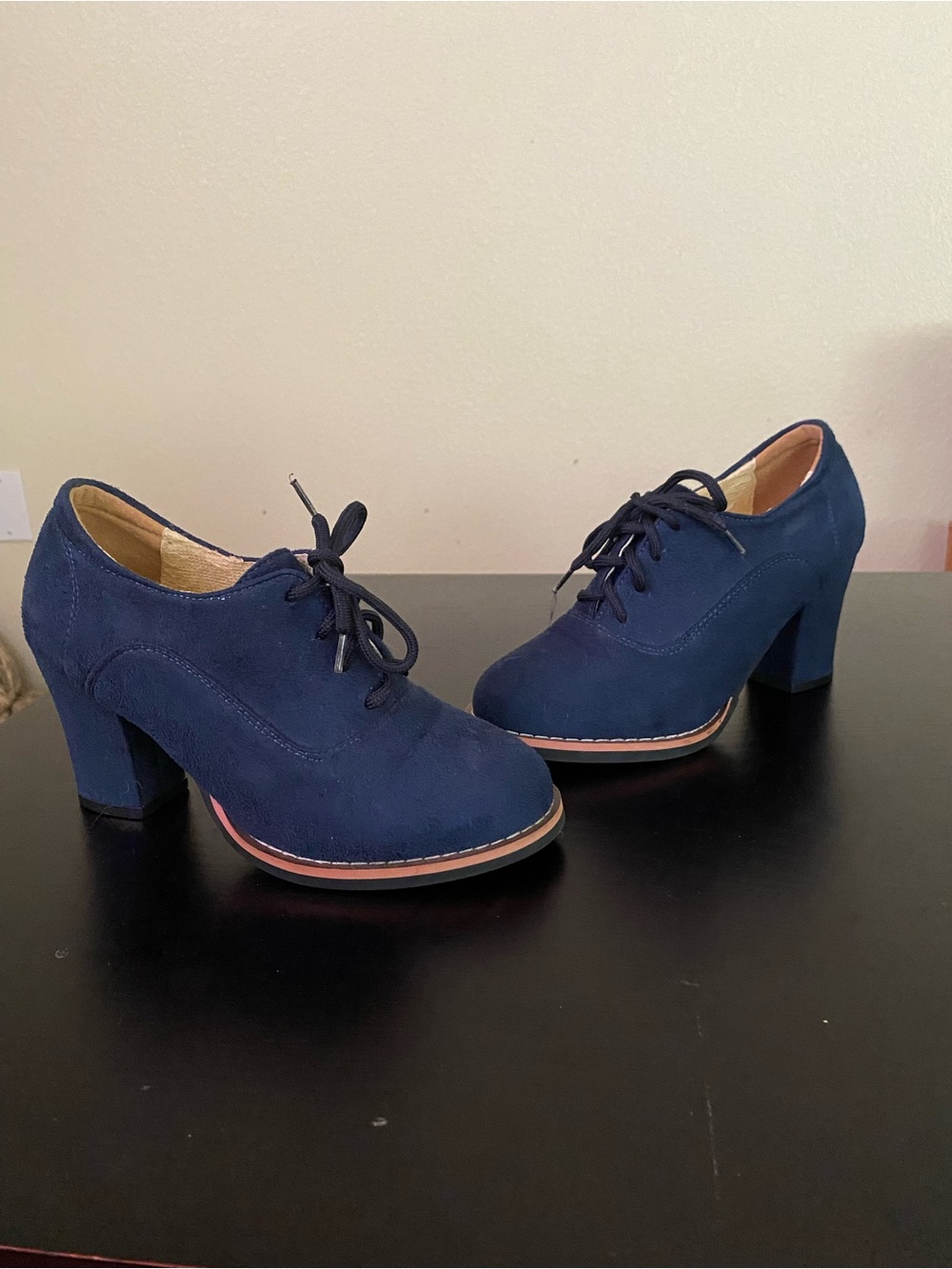 Women's Navy Suede Lace-Up Block Heel Oxfords